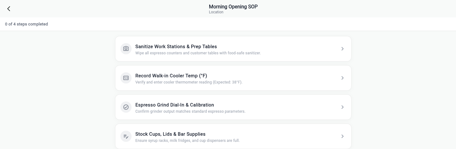 An opening routine in the app: four steps, each asking for a photo, a reading in range, a confirmation or a note.